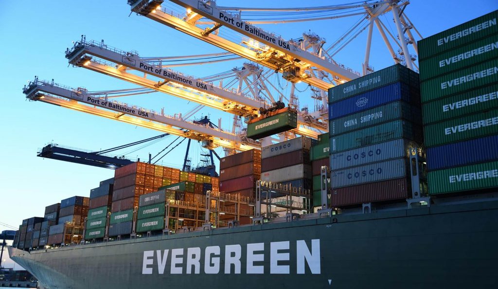 A crane rail in use to load containers on and off ships